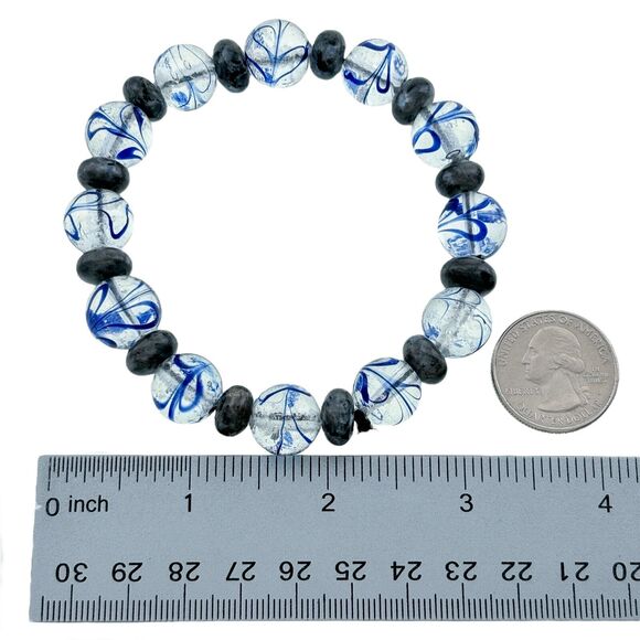Artisan 10mm-13mm Blue Swirl Glass Beaded Stretch Bracelet 8" - Picture 4 of 4